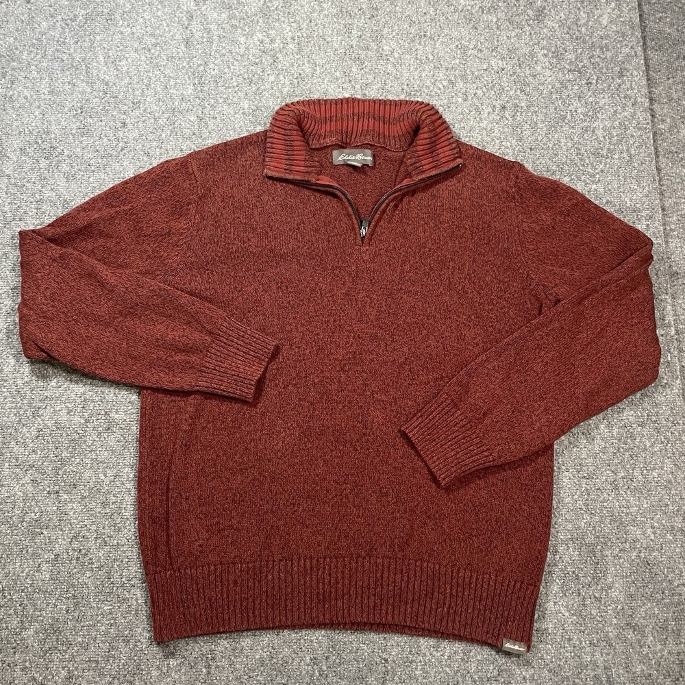 Eddie Bauer Sweater 1/4 Zip Rust/Burnt Orange Men's Large 100% Cotton Striped - Picture 1 of 8